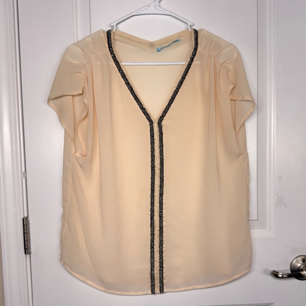 Moonlight Beaded V-Neck Blouse Peach Chiffon Flutter Sleeve Top Small TB4001